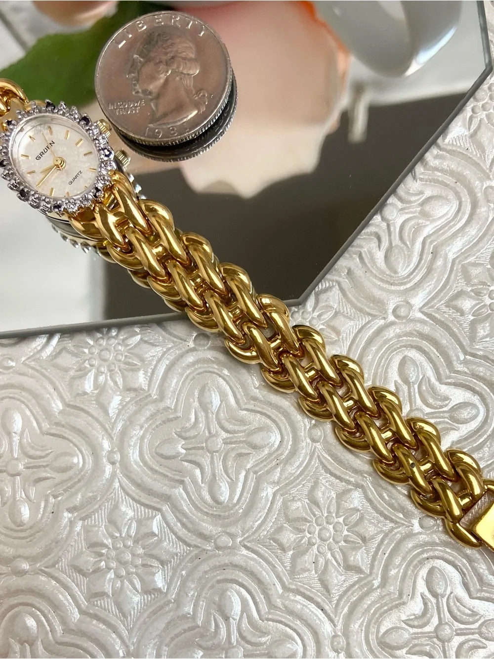 Vintage Gruen Diamond & Sapphire Accented Bezel Cocktail Watch